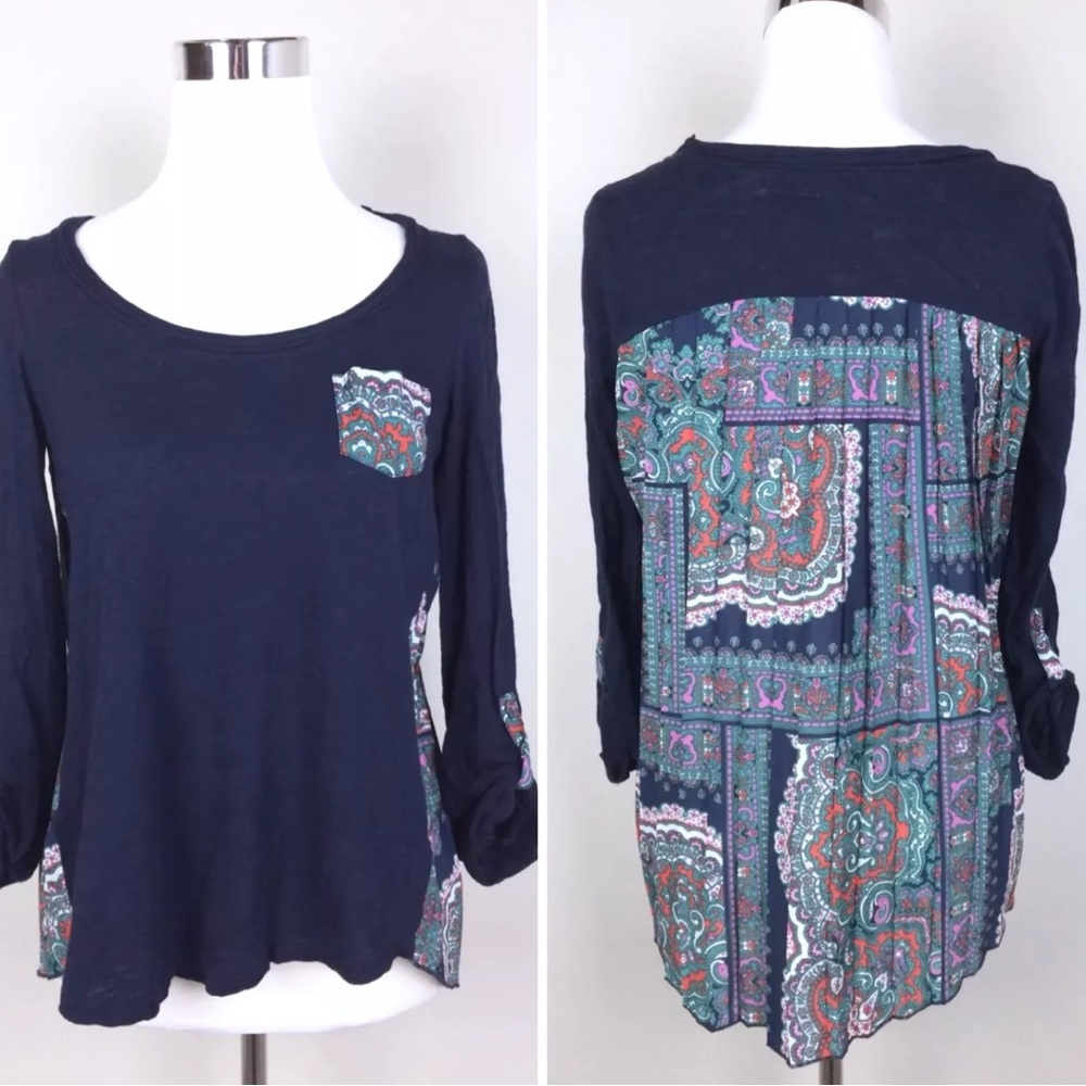 Anthropologie Paper Locket Accordion Tee Shirt Paisley Pleated Back Top Size S